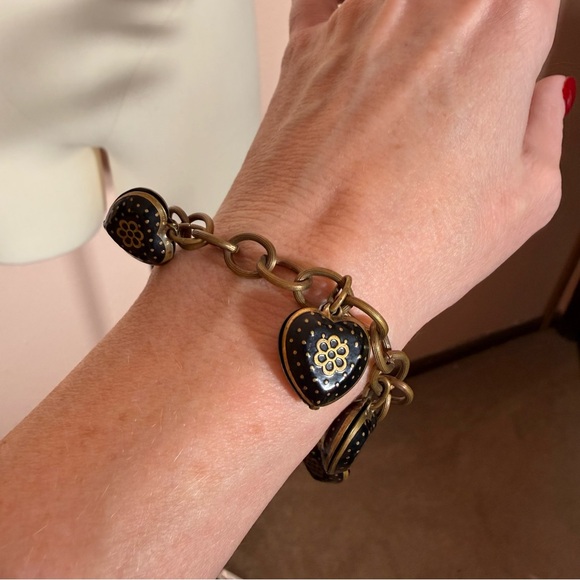 Antique Victorian revival art deco Brass Black enamel Heart Charm bracelet - Picture 15 of 17